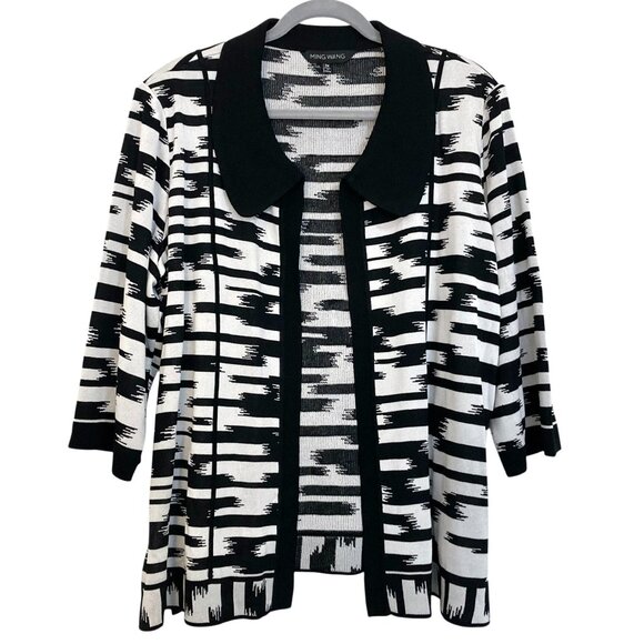 MING WANG Open Front Knit Cardigan Sweater Abstract Print B&W - Picture 1 of 7